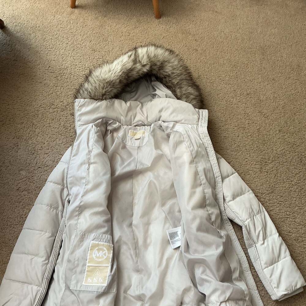 Michael Kors Faux Fur Trim Hooded Puffer Jacket, Oatmeal, Size S